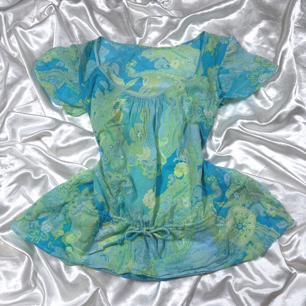 y2k Blouse Blue Excellent Paisley Drawstring Waist Flutter Sleeve Top